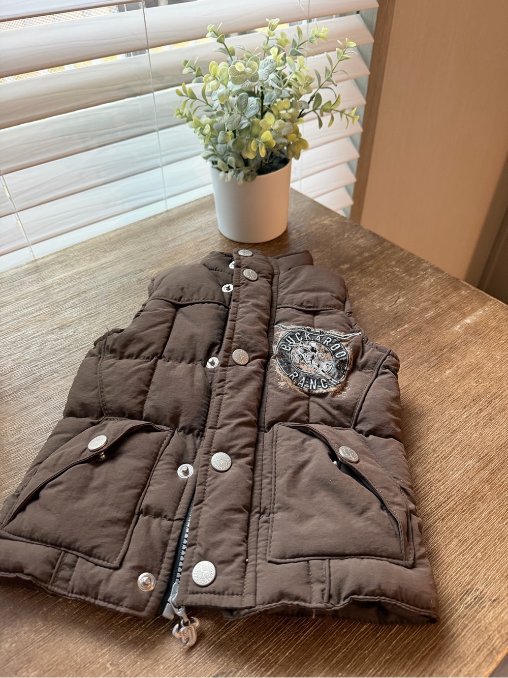 Kids Brown Quilted Puffer Vest with Embroidered Patch